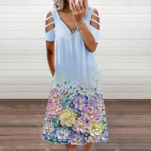 V Neck Zipper Floral Print Short Sleeve Dress Women Sexy Summer Casual Elegant Vintage Plus Size Hollow Out Dresses Streewear