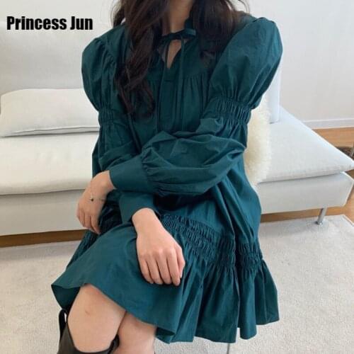Retro French Fashion Puff Sleeve Autumn Winter Long Sleeve Stand Collar Loose Casual Dress Pleated Slim Belted Waist Chic Dress