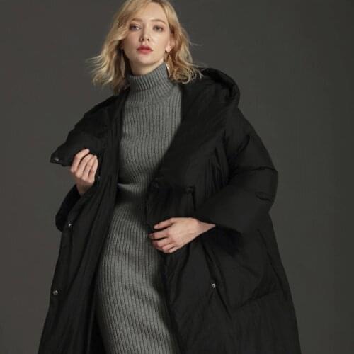 New 2019Female 90 White Duck Down Warm Quilt Simple Loose Hooded Long Down Jacket