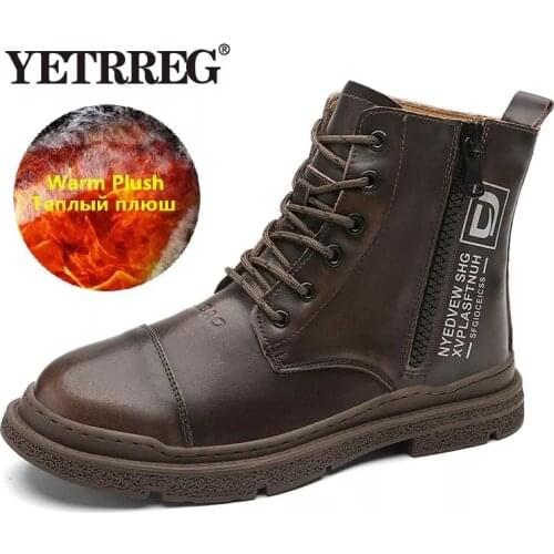 Winter Genuine Leather Mens Boots Warm Plush Snow Boots Outdoor Waterproof Mens Martin Boots Fashion Zipper Motorcycle Boots