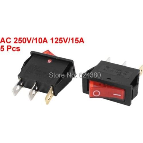 1 Pack ( 5 pcs / Lots ) x AC 250V/10A 125V/15A Red Signal Light On/Off Two 2 Position SPST 1P1T Boat Rocker Switches