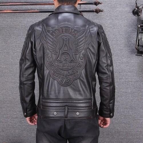 2020 Black Men American Style Bikers Leathre Jacket Plus Size 5XL Genuine Cowhide Autumn Slim Fit Motorcycle Leather Coat