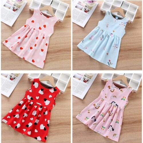 Baby Girl Summer Dress Cartoon Print Dress Without Sleeve Everyday Dress Kids Clothes Children Home Clothes Girls Princess Dress