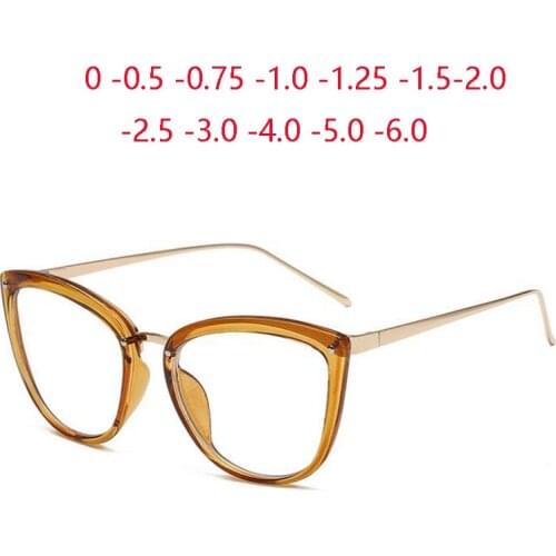 Anti Blue Light Cat Eye Diopter Glasses Women Metal Transparent Tea Frame Nearsighted Eyeglasses Female 0 -0.5 -0.75 To -6.0