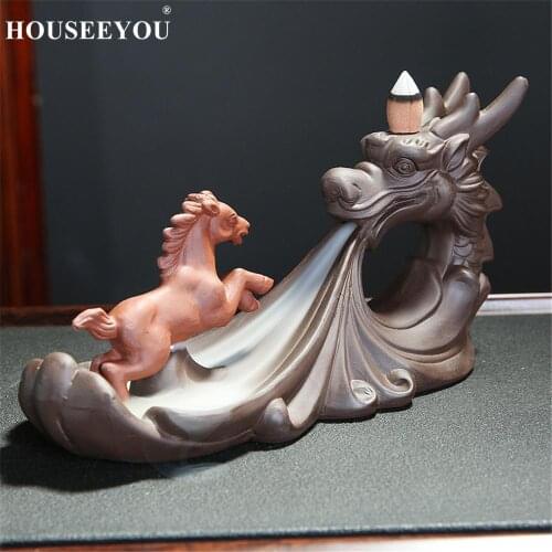 Dragon and Horse Artwork Backflow Incense Burner Purple Sand Sandalwood Censer Furnace Home Indoor Office Aromatherapy Ornaments