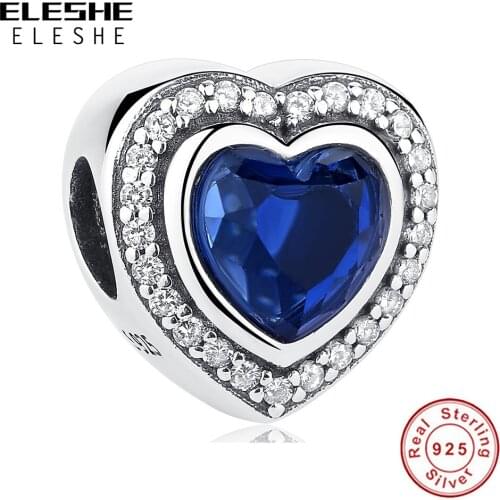 ELESHE Wholesale Blue Crystal CZ Romantic Heart Bead 925 Sterling Silver Fashion Charm Fit Original Bracelets Women Jewelry