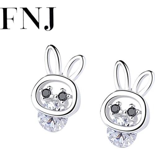 FNJ Animal Rabbit Earrings 925 Silver Jewelry Original Pure S925 Sterling Silver Stud Earring for Women White Cubic Zircon