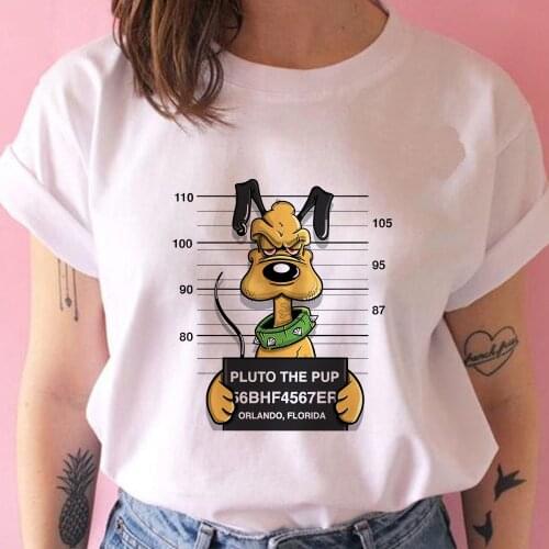 Summer Fun New Disney Criminal Series Pluto Print T shirt Women Harajuku Cartoon Casual Tops Tee Shirt Femme , Dropship