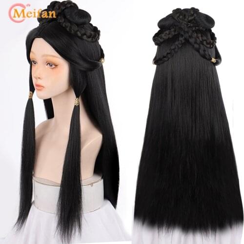 MEIFAN Synthetic Long Straight Braids Wig Chinese Hanfu Ancient Style High Temperature Fiber Natural False Black Headgear Wig