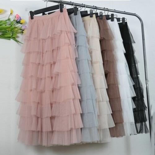 Candy Multi-Layer Tiered Ankle Length Tulle Skirts Mesh Cakee Layered High Waisted Long Skirts
