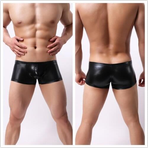 AOMU Senson Men Leather Boxers Bright Gold/Black/Yellow/Green Faux Leather Sexy Panties Performance Underwear Boxer Homme