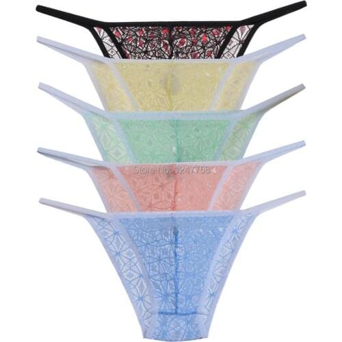 5Pcs/Lot Mens Underwear Sheer Rhombic Lace Thin Belt Pants Pouch Short Brief Jacquard Rope Bikini Briefs