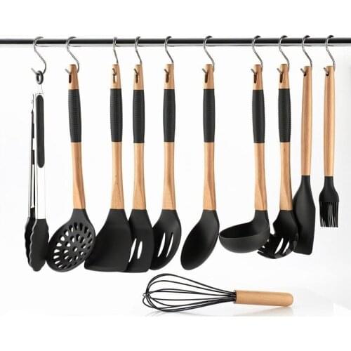 Silicone Cooking Utensils Set Non Stick Spatula Shovel Wooden Handle Set Gift hook With Storage Box Kitchen Tool Accessories