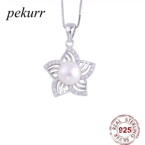 Pekurr 925 Sterling Silver Hollow Crystal Star Natural Freshwater Pearl Necklaces For Women North Star Pendants Jewelry Gift