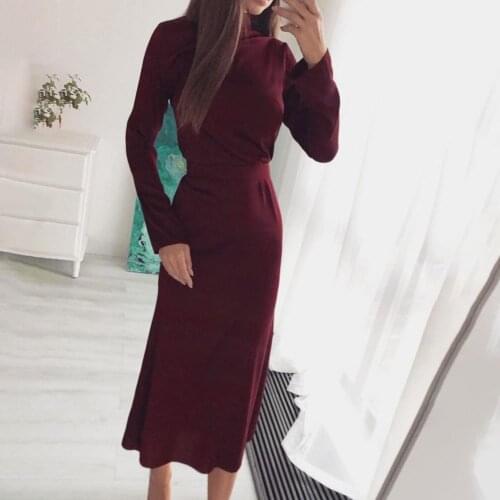 Korean Fashion Women Temperament Turtleneck Office Lady Elegant Work Basic Wear Solid Vintage Long Dress Fenimine Vestidos