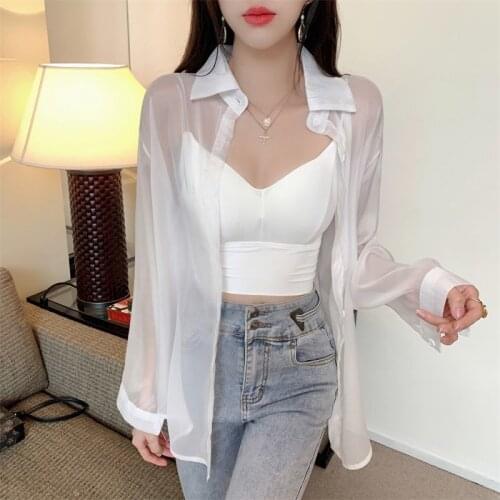 HOUZHOU Transparent Blouse Summer 2021 Long Sleeve White Pink Green Button Up Shirts Women Y2k Korean Fashion Cardigan Sheer Top