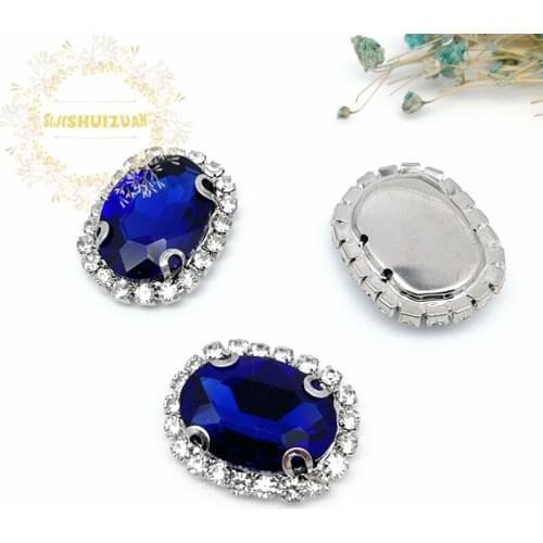 Sapphire blue Oval Shape Drill Side Chain Crysta Glass Sewing Rhinestones with Claw DIY Womens Shose and Wedding Dresses