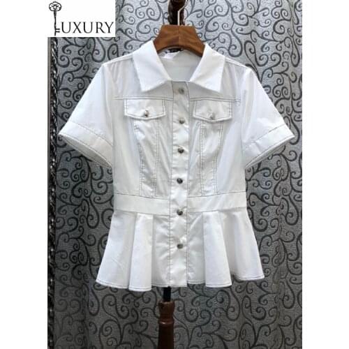 Style 100%Cotton 2020 Summer Ladies Color Block Stitching Chest Pocket Deco Short Sleeve White Black Button Shirts OL