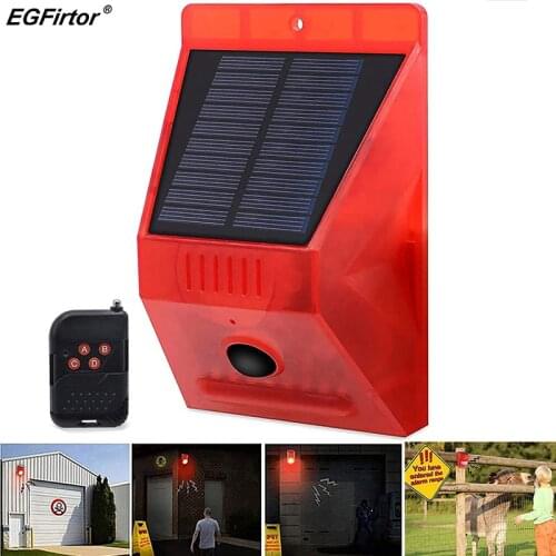 Solar Strobe Light Alarm Light With Remote Control Motion Detector 129dB Sound Security Siren Lamp IP65 24 Hours+Night Model