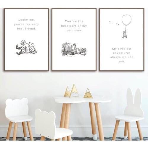 Little Bear Winnie Quotes Canvas Painting Nursery Wall Art Pictures Black White Cartoon Posters and Prints Baby Room Decoration