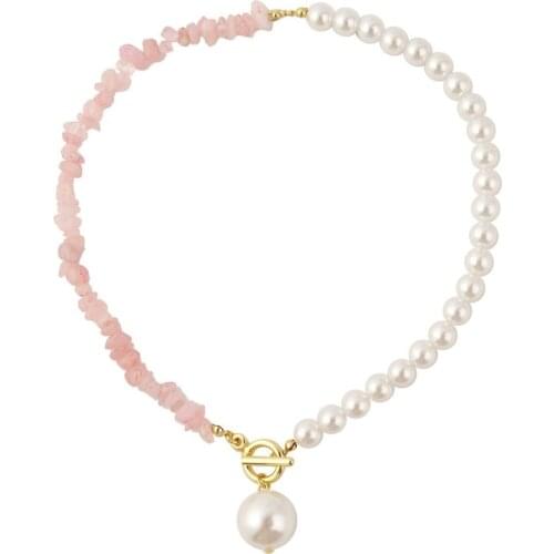 Vintage Natural Stone Toggle Clasp Necklace for Women Girls Imitation Pearl Asymmetric Chains Necklaces Bohemian Jewelry