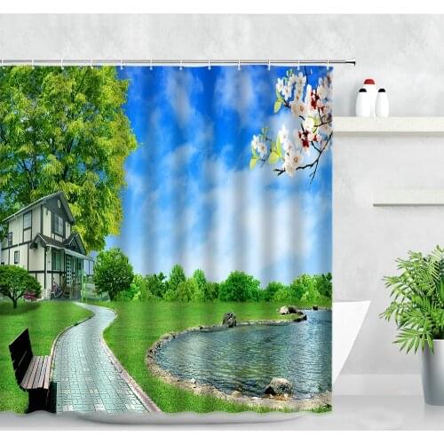 Natural Scenery Shower Curtains Sunshine Water Green Plant Leaves Modern Landscape Waterproof Fabric Decor Bathroom Curtain Sets