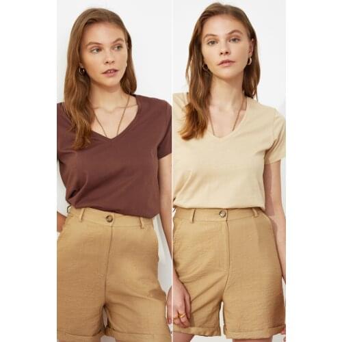 Brown And Beige 100% Cotton Super V Neck 2 Pack Tshirt For Woman