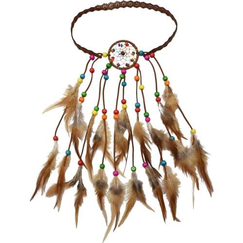 Women Elastic Hairbands Indigenous Tribal Chiefs Feather Headdress Crown Boho Ethnic Indian Gypsy Men Costume Dance Hair Jewelry