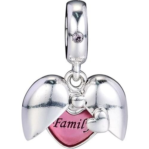 Pink Family Heart Charms for Chain Bracelets Women 925 Sterling Silver Jewelry DIY Open Locket Pendant Charms for Jewelry Making