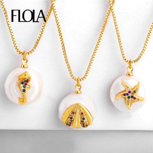 FLOLA Shell Pearl Pendant Necklaces For Women CZ Crystal Shell Starfish Necklaces Seahorse Zircon Beach Bohemian Jewelry nkep67