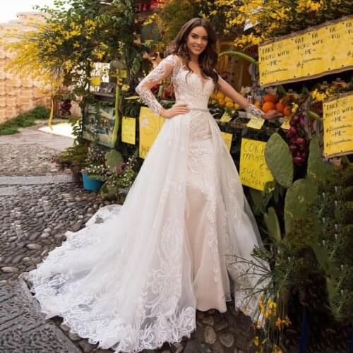 Thinyfull Elegant Detachable Train Mermaid Wedding Dresses Long Sleeve V Neck Button Bridal Gown Lace Appliques Vestido De Novia
