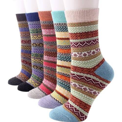5 Pairs Winter Womens Wool Socks Vintage Warm Socks Thick Cozy Knit Casual Crew Socks for Women Free Size