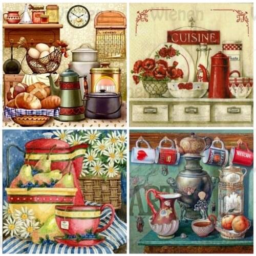 5D DIY Diamond Painting Cartoon Kitchen Scenic Diamond Embroidery Sale Mosaic Food Tableware Kitchen Decoration Closet Wall Art