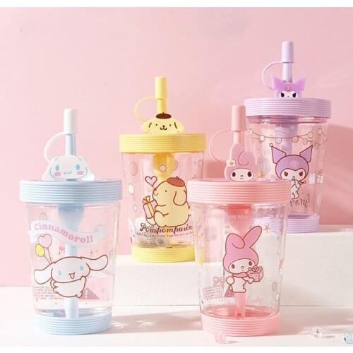 Kuromi My Melody Cinnamoroll Kawaii Water Cup Pomm Purin Cute Children Water Cup Cartoon Water Cup with Straw Girl Heart Gift
