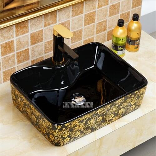 Ceramic Washbasin Bathroom Sink Countertop Black Gold Wash Basin Personality Lavatory Plating Golden Flower Washbowl 899