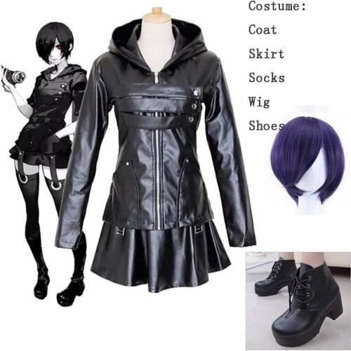 Anime Tokyo Ghoul Touka Kirishima Cosplay Costume PU Leather Black Dress Hoodie Women Halloween Fighting Dress Full Set Uniform