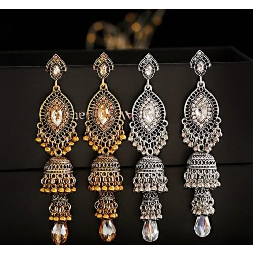 TopHanqi Indian Jhumka Jhumki Women brincos Metal Long Crystal Beads Evil Eye Dangle Hanging Earrings Boho Gypsy Tribal Jewelry