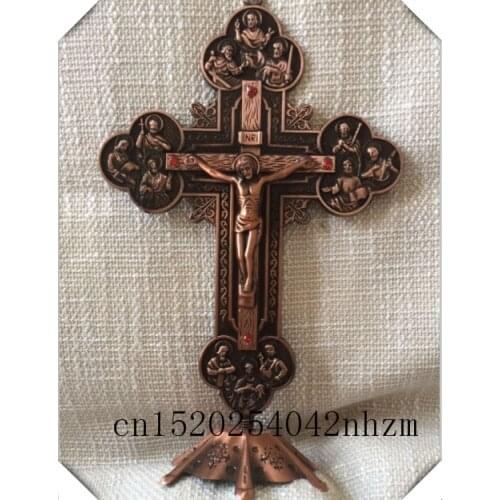 Red copper plated Orthodox Church Metal Stones Cross Lord Jesus Christ, standing crucifix, church decoration,catholic cross