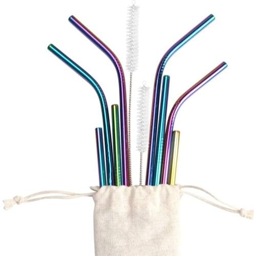 Reusable Metal Drinking Straw 304 Stainless Steel Straws Straight Bent Drinking Straw with Cleaner Brush Pouch Wholesale