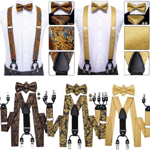 Hi-Tie Silk Adult Mens suspenders Set Leather Metal 6 Clips Braces Gold Yellow Floral Vintage Man Fashion Wedding Daily Male