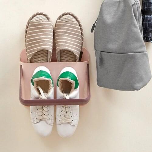 Wall Mounted Shoe Holder Organizer Folding Shoe Storage Rack Hanging Shelf Convenient Adhesive Shoe Hanger Bathroom Organizer