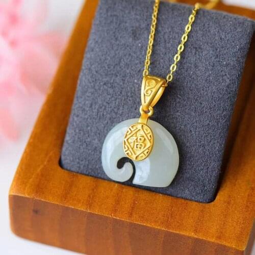 New S925 Sterling Silver Inlaid Natural Hetian Jade White Jade Necklace Fu Character Small Elephant Ancient Style Thick Gold Cla