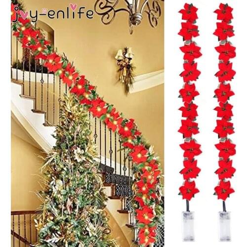2m 10LED Christmas Artificial Flowers Poinsettia Garland String Lights Xmas tree Decor Holly Leaves Christmas home decorations