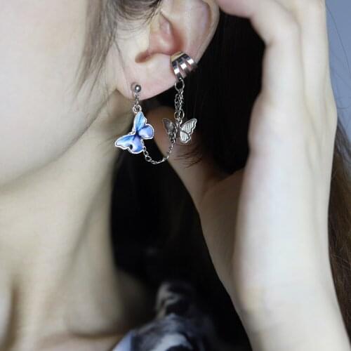 Hanging Clip Earrings Butterfly Chain Ear Hook Rock Hoop Double Pierced Unusual Earring Women Girls Goth Jewelry Punk Wholesale