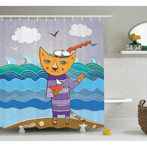 Cat Shower Curtain Sailor Feline on Shore Holding a Boat on a Wavy Ocean with Bird Silhouettes Waterproof Bath Curtains