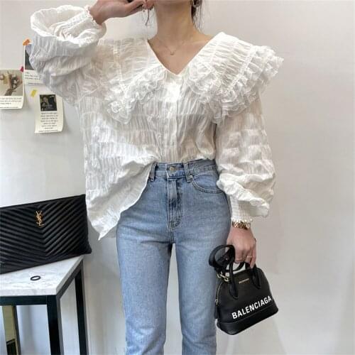 2021 White Streetwear Tops Chic Mesh Shirts Pleated Elegant Autumn Hot OL Casual New Loose Fashion Women Blouses