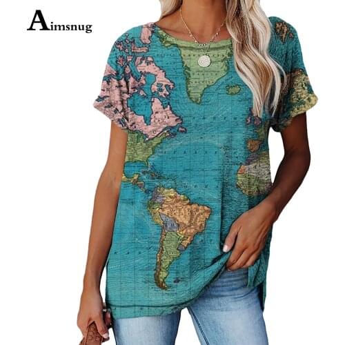 Ladies Elegant Leisure Casual T-shirt Model World Map Print Tops Loose Women Clothing 2021 Summer New Fashion Tees shirt Femme