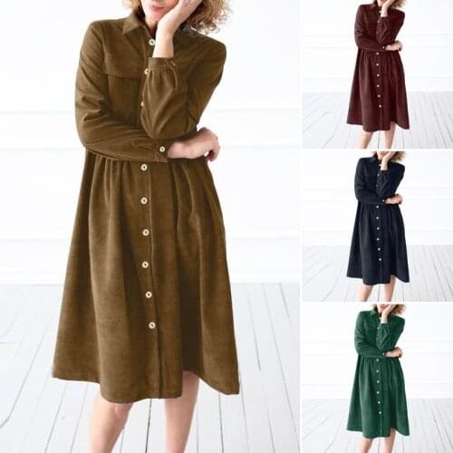 Women Casual Sundress ZANZEA 2021 Fashion Corduroy Dress Long Sleeve Shirt Vestidos Female Button Pleated Robe Femme Plus Size 7
