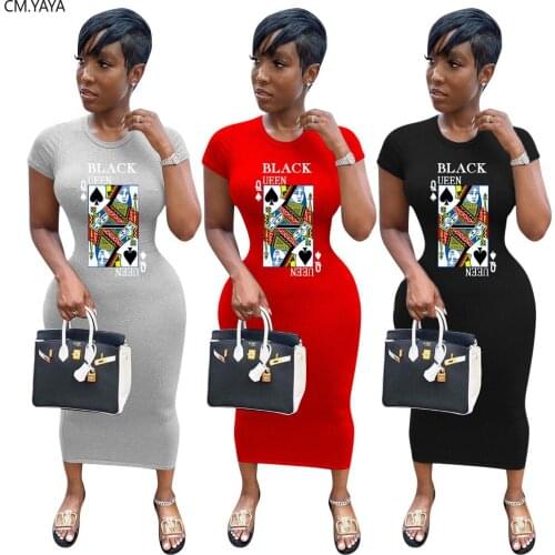 CM.YAYA Women Black Queen Spade Q Print Bodycon Midi Maxi T-shirt Dress Streetwear Fashion Long Pencil Dresses Vestidos