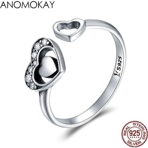 Anomokay 925 Sterling Silver Heart in Heart Pave CZ Open Finger Ring White Zircon Authentic 925 Silver Ring Jewelry Women Gift